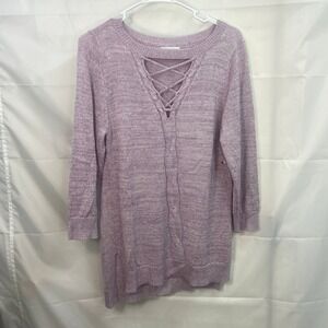 New‎ York & Company women's purple metallic shimmery soft knit lace up sweater M